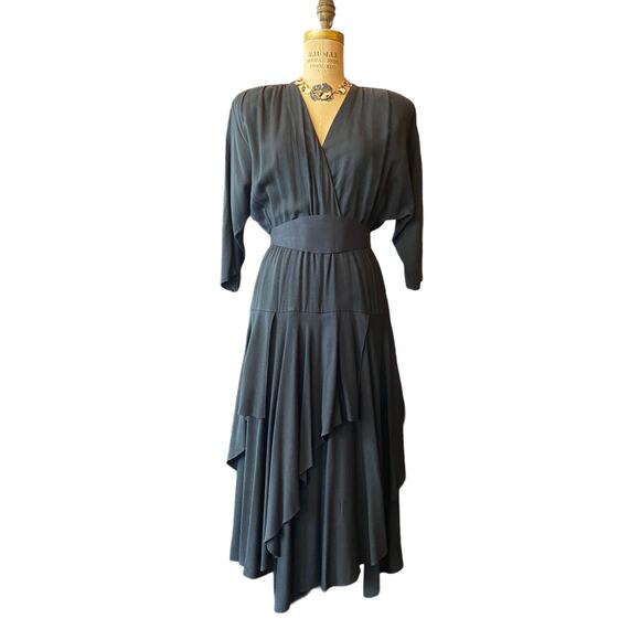 vtg 1980s black rayon dress with batwing sleeves and asymmetrical, 80s does 40s - Picture 1 of 9